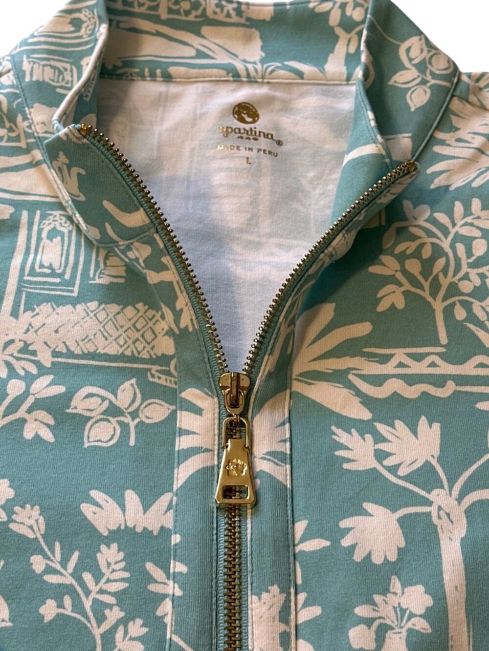 Spartina 449 Aqua Toile 1/2 Zip Pullover Womens Size L Long Sleeve Made In Peru - Picture 3 of 6
